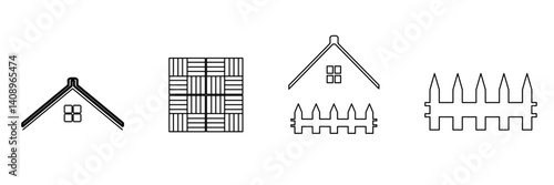 Title Set of 14 house web icons in line style. roof,  floor, porch, fence   . Vector illustration.
