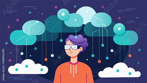 A virtual world with ethereal clouds of binary code raining data into the avatars of users that seamlessly navigate through the network.. Vector illustration