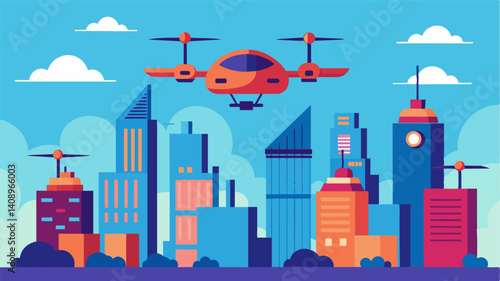 The autonomous eVTOLs serve as a symbol of a modern technologically advanced society propelling the city into the future.. Vector illustration