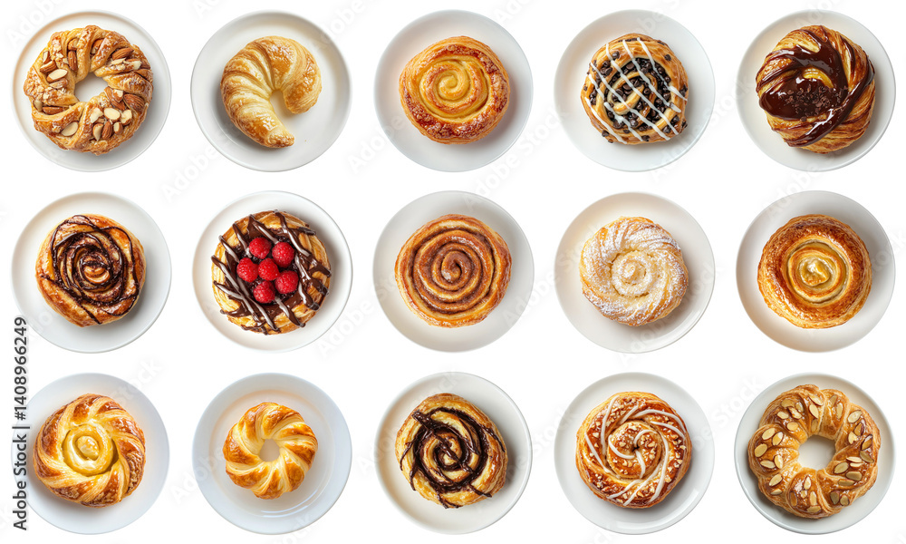 Assorted Baked Pastries on White Plates Featuring Swirls, Chocolate, Almonds, and Fresh Fruit for Delicious Desserts or Breakfast Treats. Piquant food set. Assorted Baked Pastries on White Plates Featuring Swirls, Chocolate, Almonds, and Fresh Fruit for Delicious Desserts or Breakfast Treats. Piquant food set.