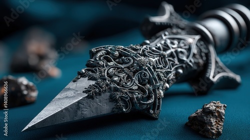 Close-up of an intricate sword detail featuring a knife resting amongst a variety of textured rocks and stones