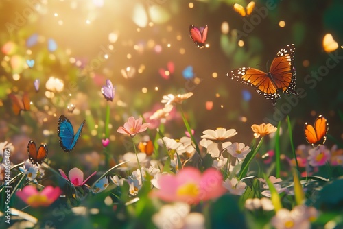 Wallpaper Mural Vibrant spring garden full of colorful butterfly fluttering around blooming flower warm golden sunlight photorealistic texture hyper detailed petal cinematic atmosphere seamless bokeh effect 8k Torontodigital.ca