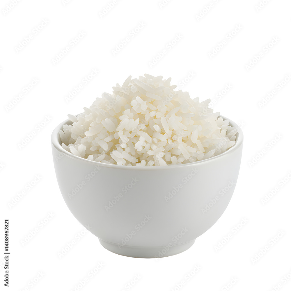 Steaming White Rice Filling a Ceramic Bowl on White Background Steaming White Rice Filling a Ceramic Bowl on White Background