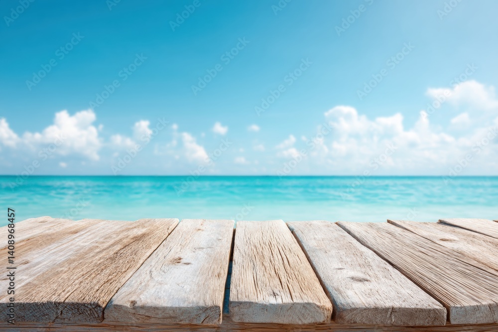 Wooden planks on a beach with ocean waves and a clear blue sky in the background, Hello Summer background. Wooden planks on a beach with ocean waves and a clear blue sky in the background, Hello Summer background.