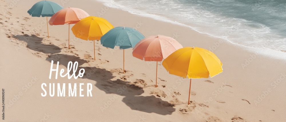 Colorful umbrellas are arranged neatly on the beach beside the water, Hello Summer background.