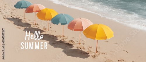 Obraz na płótnie Colorful umbrellas are arranged neatly on the beach beside the water, Hello Summer background. w salonie
