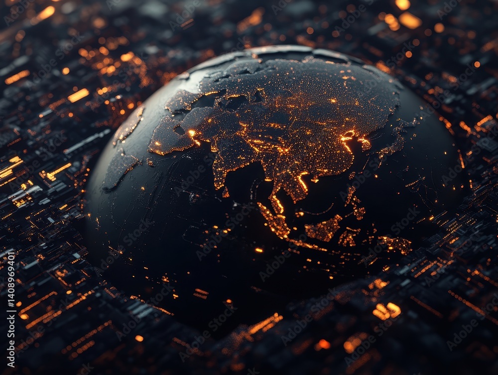 Investment Opportunities Concept. A dark, textured globe representing the Earth, illuminated by scattered light, set against a backdrop of intricate, circuit-like patterns.