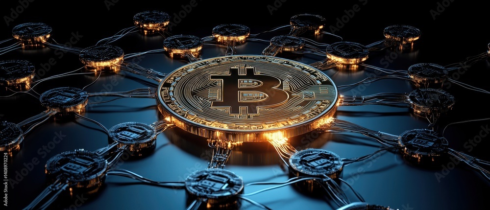 Investment Opportunities Concept. Digital rendering of a Bitcoin surrounded by network connections, symbolizing cryptocurrency and blockchain technology.