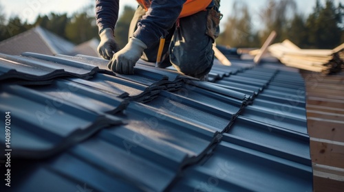 Wallpaper Mural A construction worker securing roofing tiles on a building. Featuring skill and safety Torontodigital.ca