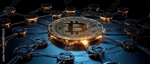Obraz na płótnie Investment Opportunities Concept. Digital rendering of a Bitcoin surrounded by network connections, symbolizing cryptocurrency and blockchain technology. w salonie