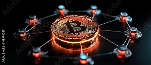 Investment Opportunities Concept. A digital rendering of a Bitcoin surrounded by interconnected nodes, symbolizing blockchain technology and cryptocurrency networks.
