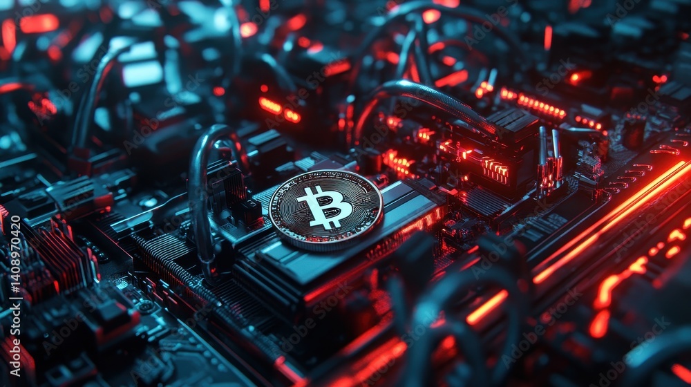 Investment Opportunities Concept. High-tech circuitry featuring a Bitcoin symbol, illuminated by vibrant blue and red lights, representing the world of cryptocurrency.