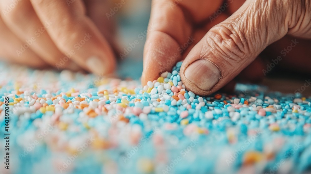 Colorful sprinkles are being delicately arranged by hands in a kitchen, showcasing attention to detail during a baking process Colorful sprinkles are being delicately arranged by hands in a kitchen, showcasing attention to detail during a baking process