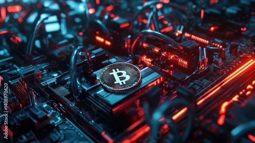 Obraz na płótnie Investment Opportunities Concept. High-tech circuitry featuring a Bitcoin symbol, illuminated by vibrant blue and red lights, representing the world of cryptocurrency. w salonie