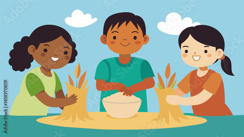 Children eagerly help out their small hands covered in masa as they are taught the proper way to spread it onto the cornhusks.. Vector illustration