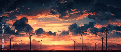 Investment Opportunities Concept. Vibrant sunset over a field of wind turbines, creating a striking contrast against dramatic clouds in the sky.
