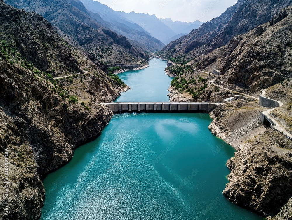 A scenic river surrounded by mountains, featuring a bridge crossing over the water, showcasing a tranquil and natural landscape.