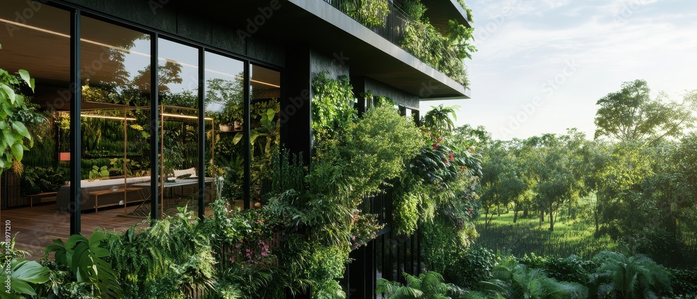 Modern architecture seamlessly blends with lush greenery, featuring large glass windows that invite nature indoors.
