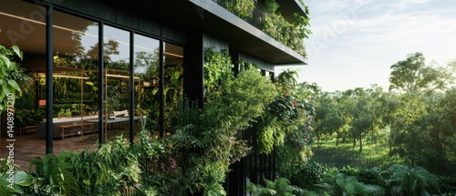 Obraz na płótnie Modern architecture seamlessly blends with lush greenery, featuring large glass windows that invite nature indoors. w salonie