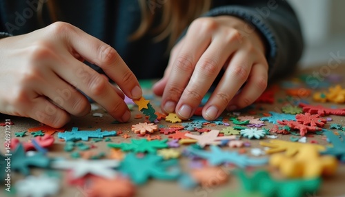 Hands Assembling Colorful Puzzle Pieces on a Wooden Table Surface
