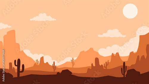 Desert landscape of canyon scenery with cactus and butte. Panoramic view of wild west desert with cacti and a sunset sky. Vector illustration of the scenic arizona desert with buttes and mesas