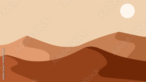Landscape scenery of sand desert with dunes. Panoramic view of sahara desert at noon with sun and towering dunes. Vector illustration of scenic arid desert with hot weather