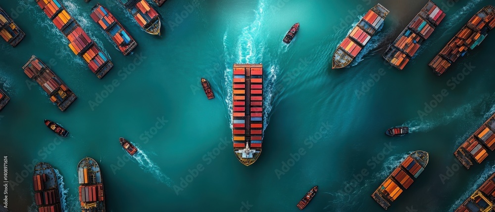 Investment Opportunities Concept. Aerial view of numerous cargo ships navigating through turquoise waters, showcasing busy maritime activity and shipping logistics.