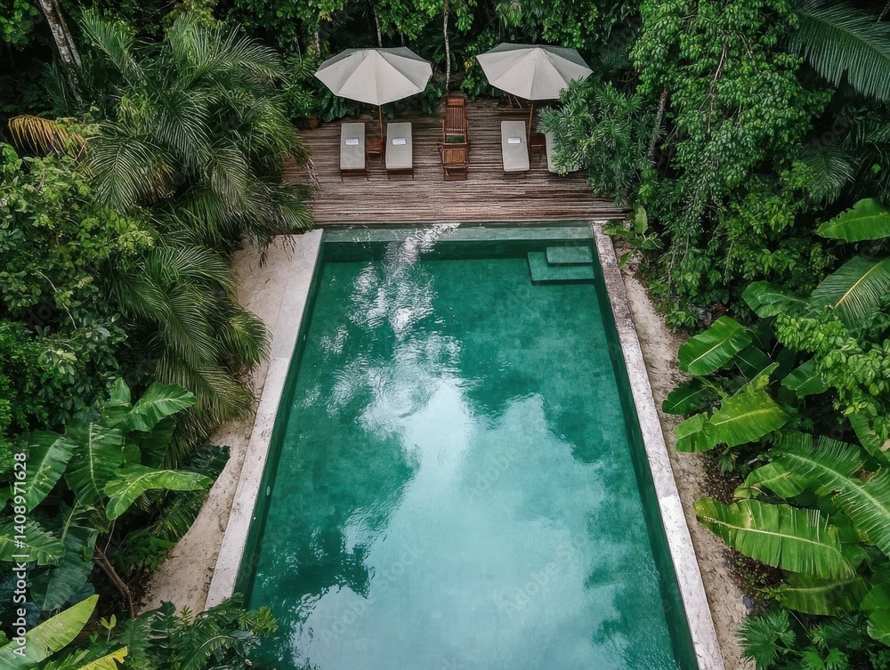 A serene aerial view of a tropical pool surrounded by lush greenery and sun loungers under umbrellas.
