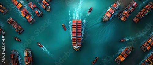 Obraz na płótnie Investment Opportunities Concept. Aerial view of numerous cargo ships navigating through turquoise waters, showcasing busy maritime activity and shipping logistics. w salonie