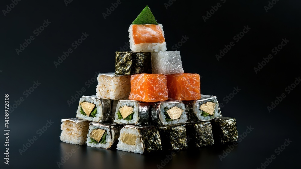 A colorful pyramid of sushi rolls displayed against a dark background, showcasing various ingredients and meticulous presentation.