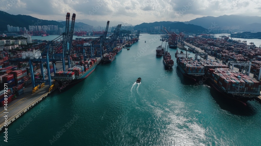 Investment Opportunities Concept. Aerial view of a busy shipping port with numerous cargo ships and cranes along the waterfront, surrounded by mountains and city skyline.