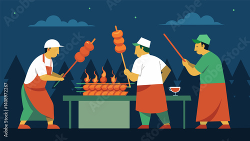 As the skewers finish cooking the vendors brush on a savory marinade causing the meat to glisten in the dim streetlights.. Vector illustration