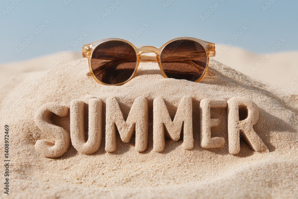 Sunglasses resting on a sand pile with summer written in the sand, Hello Summer background.
