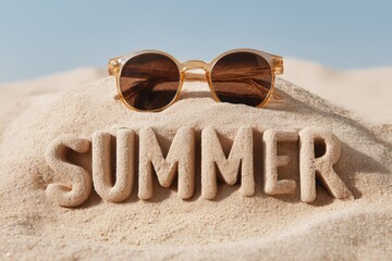 Sunglasses resting on a sand pile with summer written in the sand, Hello Summer background.