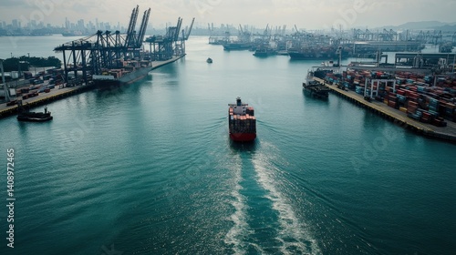Obraz na płótnie Investment Opportunities Concept. A cargo ship navigates a busy port, surrounded by cranes and shipping containers, set against an urban skyline in the background. w salonie