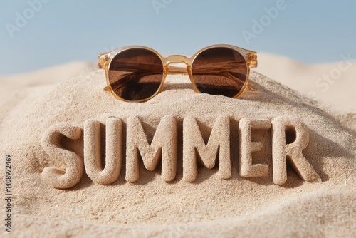 Sunglasses resting on a sand pile with summer written in the sand, Hello Summer background.