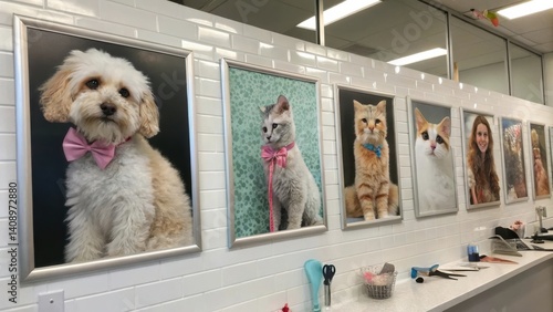 Pet Grooming Pets adorned in portraits hang on a wall in a grooming salon, showcasing their playful personalities.