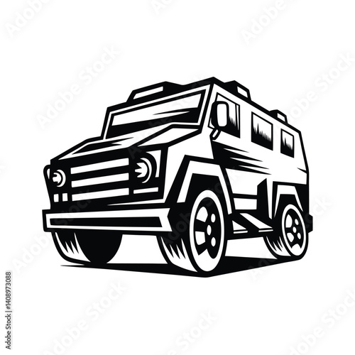 Black and White Armored Vehicle Isolated on a White Background
