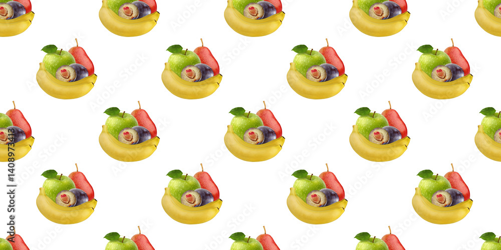 Obraz premium Seamless pattern of bananas, apples, pears and plums forming a healthy and colorful design