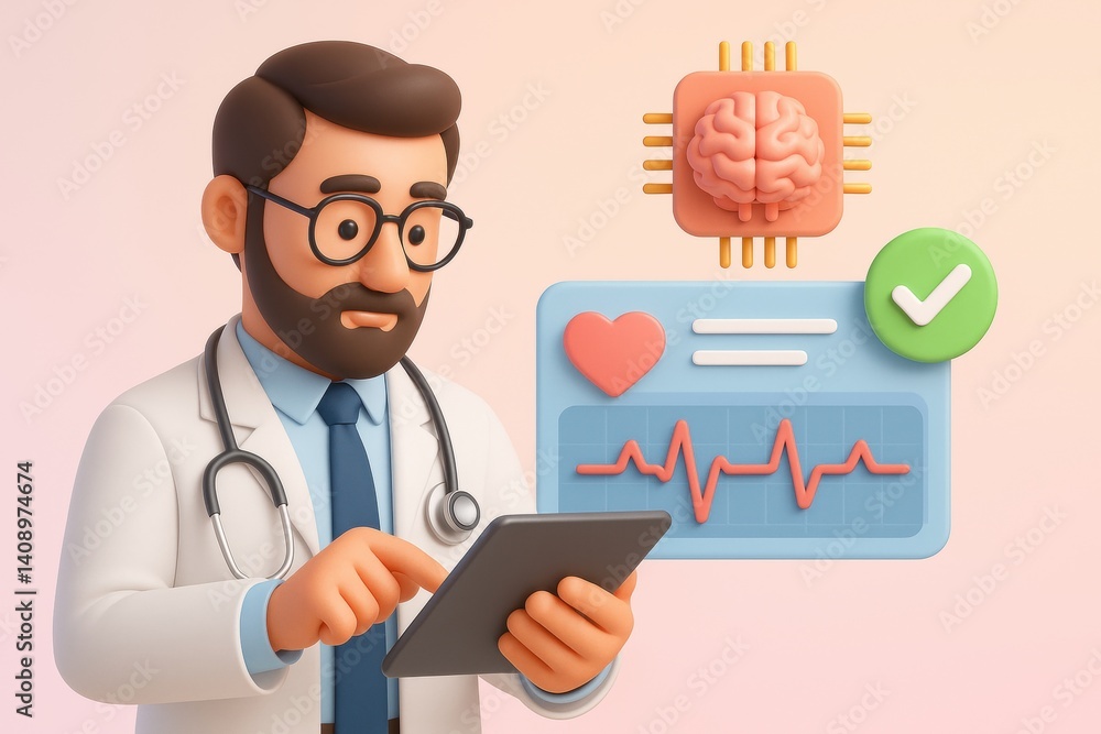 Digital Healthcare: A professional doctor analyzes health data on a tablet with the graphic representation of a brain, heart and ECG data. Digital Healthcare: A professional doctor analyzes health data on a tablet with the graphic representation of a brain, heart and ECG data.