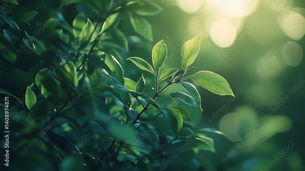 Lush green leaves bathed in sunlight, a vibrant natural scene.