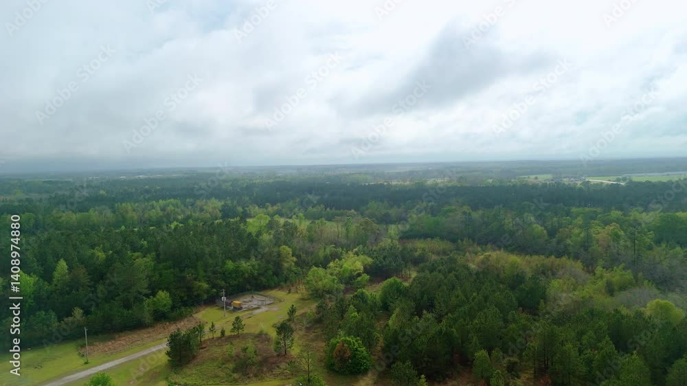 Aerial wide View of Countryside Fields and Forest Covered in Clouds