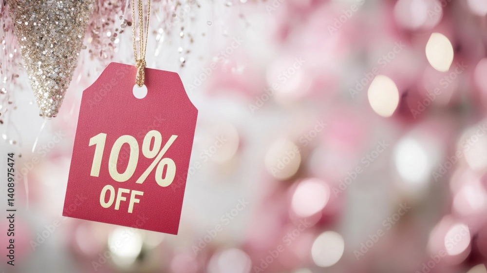 A bright red tag displaying a 10 percent discount hangs in a shop filled with festive decorations, signaling holiday savings for shoppers