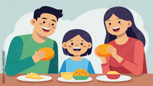 As the family dug into their arepas they couldnt help but smile and laugh at each other savoring the joy of a comforting breakfast together.. Vector illustration
