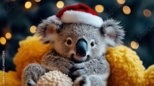 A playful koala wearing a Christmas hat snuggles in soft yellow blankets, celebrating the holiday spirit with a charming expression