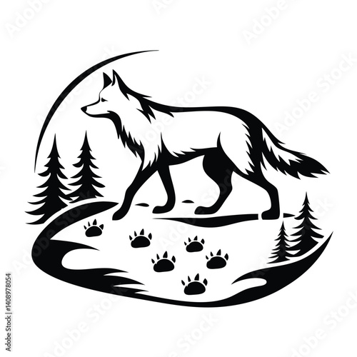 Wolf Silhouette in Forest with Paw Prints Black and White Wildlife