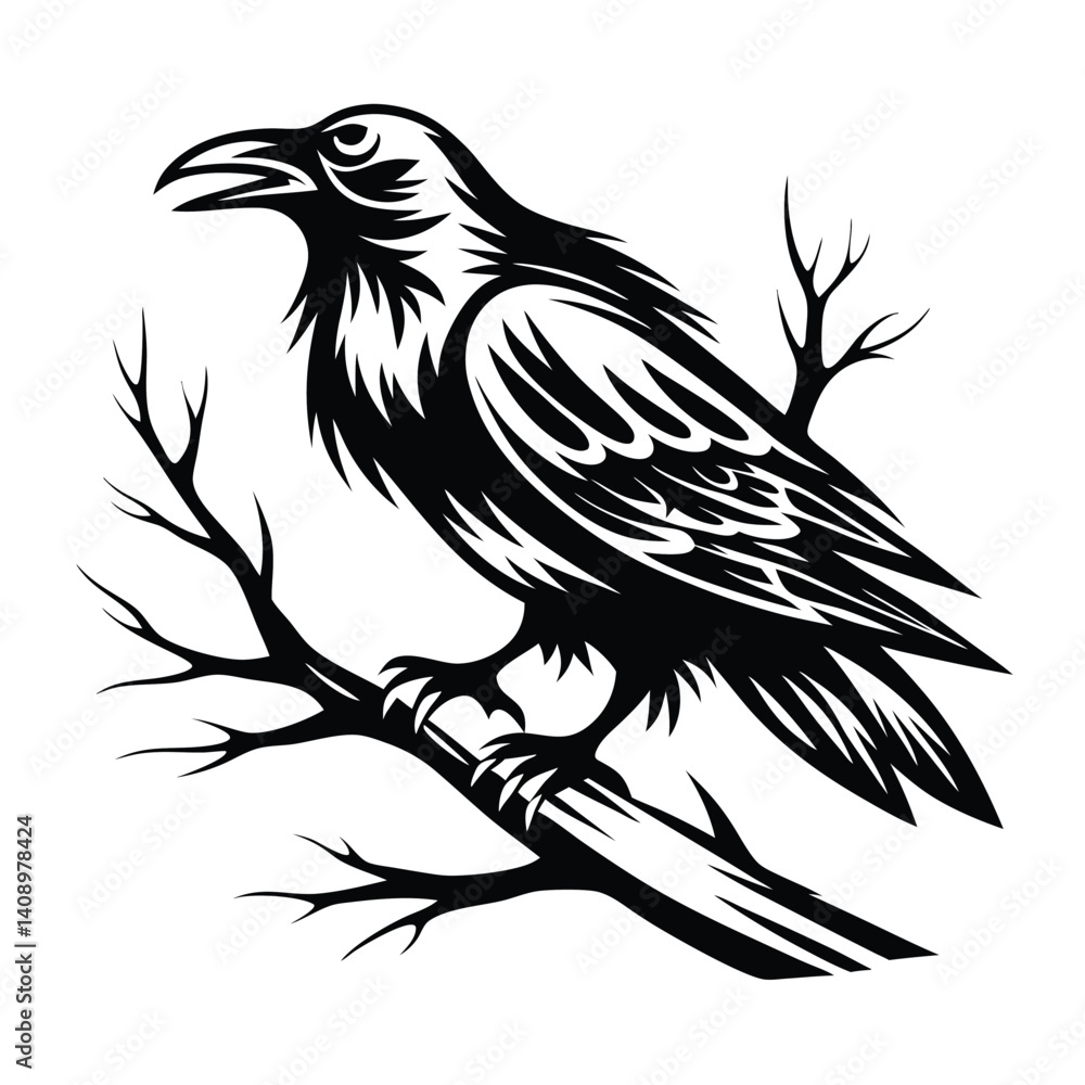 Obraz premium Black Crow On Tree Branch Isolated In White Background Symbolic Style