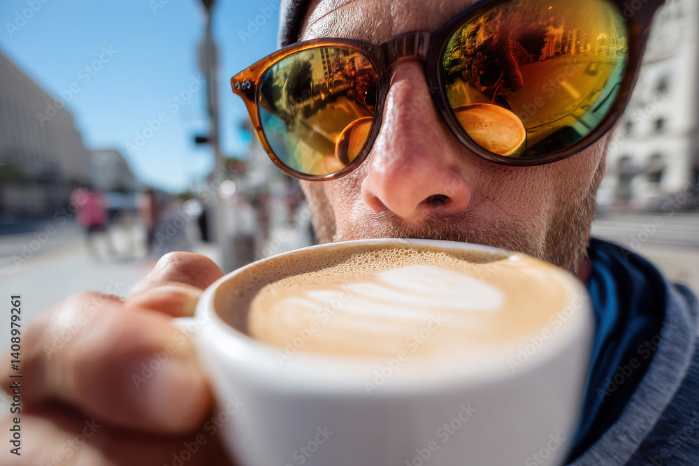 Man drinking latte at a sidewalk cafe on a sunny day, personal perspective view