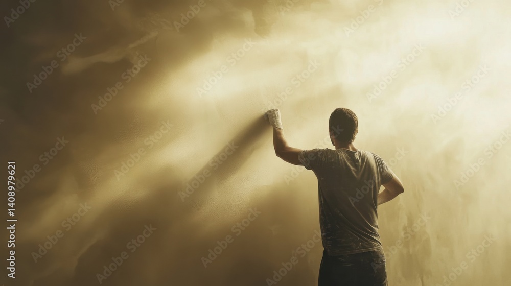 Construction worker applying plaster to walls at a site. Featuring technical skill and focus Construction worker applying plaster to walls at a site. Featuring technical skill and focus