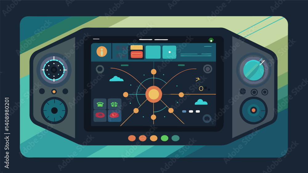 Fototapeta premium A touchscreen control panel in the air taxi that allows the pilot to select from multiple navigation routes based on traffic weather and other factors.. Vector illustration